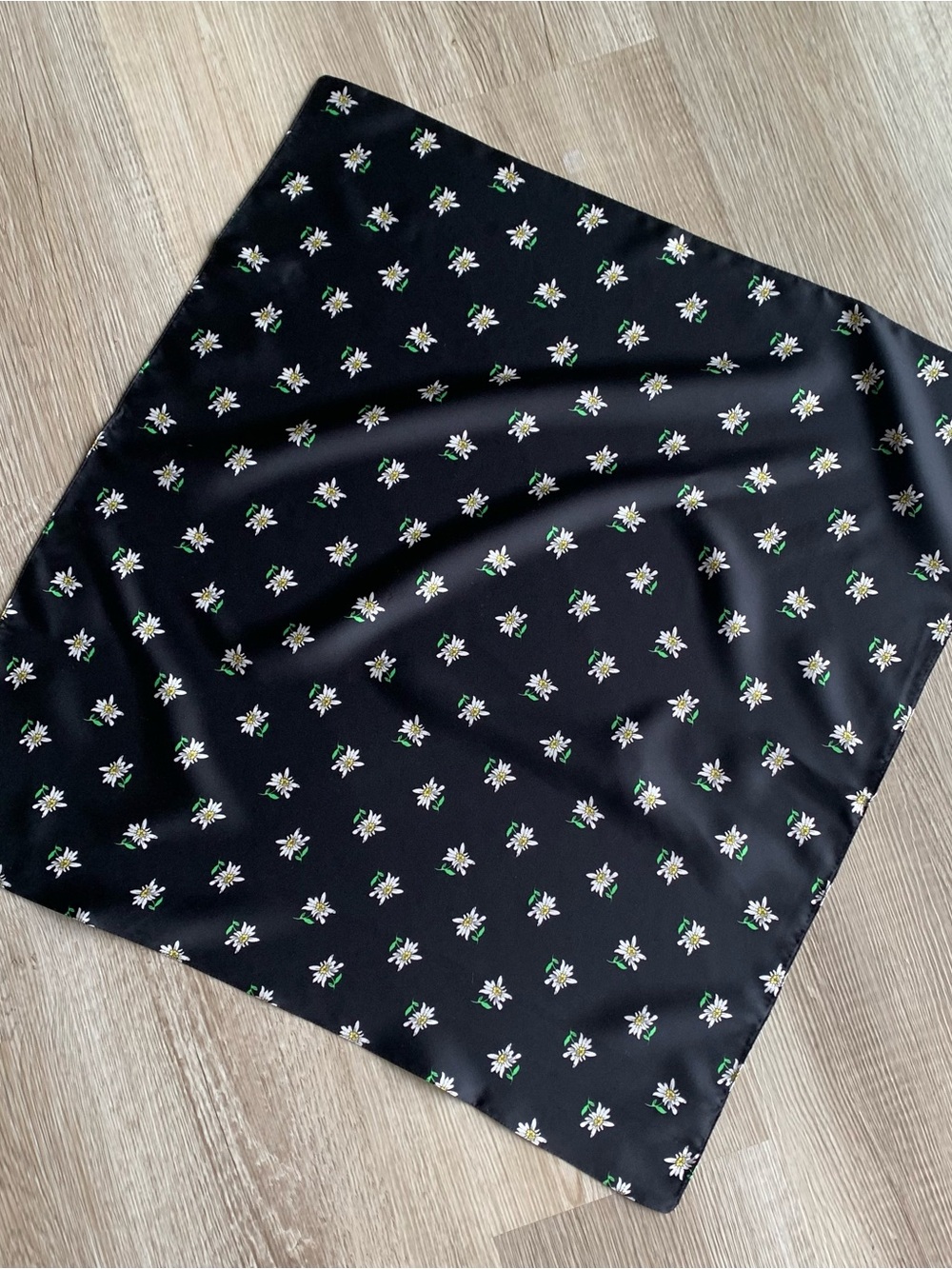 Black Floral Silk Scarf with White Daisies